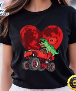 Heart Dinosaur Riding Monster Truck Valentines Day Moon Shirt