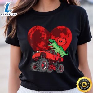 Heart Dinosaur Riding Monster Truck Valentines Day Moon Shirt
