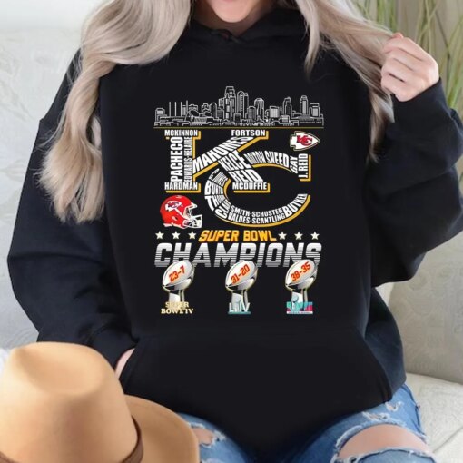 Kansas City Chiefs Skyline Player Names 3x Super Bowl Champions Shirt