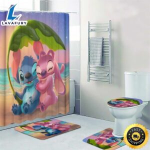 Lilo And Angel Stitch Print Shower Curtain Bath Math Toilet Lid Cover Mat
