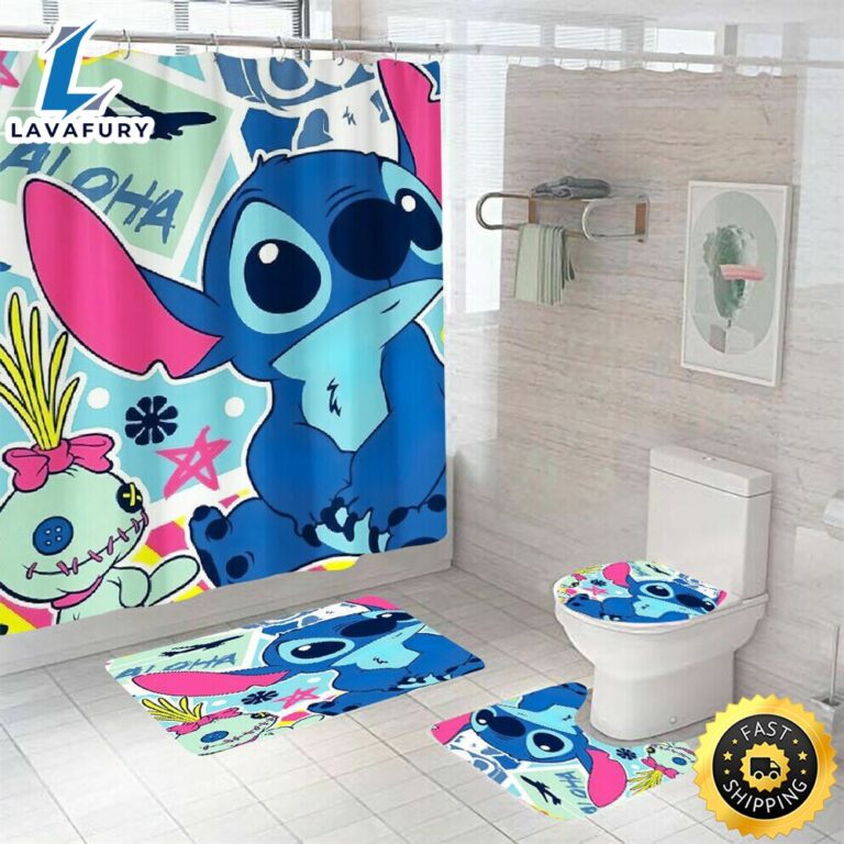 Stitch Bathroom Set Shower Curtain Bath Mat Toilet Lid Cover Lavafury 6673