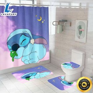 Lilo & Stitch Cartoon Waterproof Shower Curtain Toilet Cover Mat Lid Set 4pcs