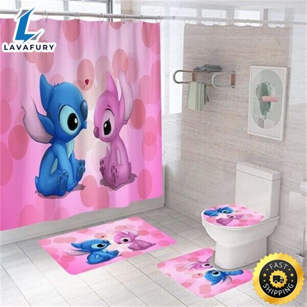 Lio And Stitch Bathroom Set Shower Curtain Bath Mat Toilet Lid Cover