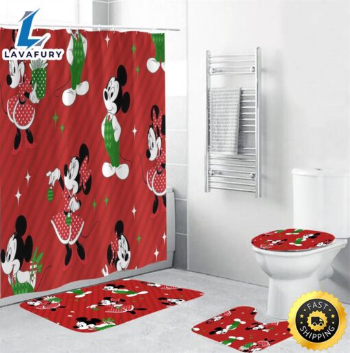 Merry Christmas Mickey Minnie Shower Curtain Sets, Bathroom Sets