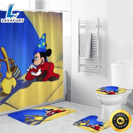 Mickey Fantasia Poster 10 4PCS Shower Curtain Non-Slip Toilet Lid Cover Bath Mat – Bathroom Set Fans Gifts