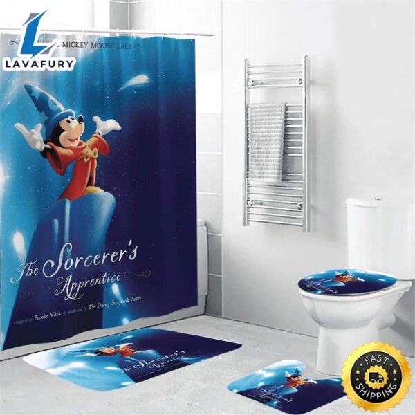 Mickey Fantasia Poster 3 4PCS Shower Curtain Non-Slip Toilet Lid Cover Bath Mat – Bathroom Set Fans Gifts