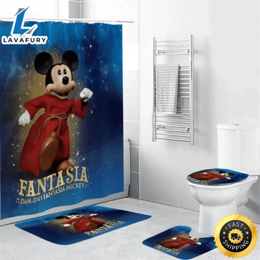 Mickey Fantasia Poster 6 4PCS Shower Curtain Non-Slip Toilet Lid Cover Bath Mat – Bathroom Set Fans Gifts