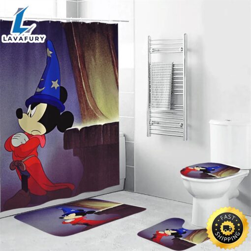 Mickey Fantasia Poster 7 4PCS Shower Curtain Non-Slip Toilet Lid Cover Bath Mat – Bathroom Set Fans Gifts