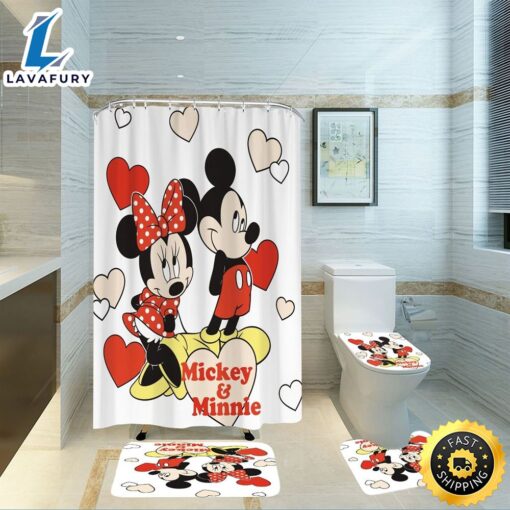 Mickey Minnie Cartoon Waterproof Shower Curtain Bath Mat Toilet Cover Mat Set