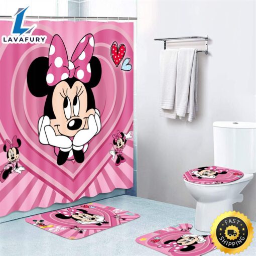 Mickey Minnie Mouse Bathroom Set Shower Curtain Bath Mat Toilet Lid Cover