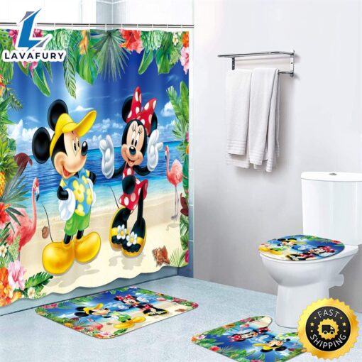 Mickey Mouse Bathroom Set Shower Curtain Non-Slip Bath Mat Toilet Lid Cover 4pcs