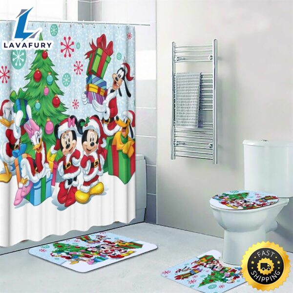 Mickey Mouse Christmas Gift Print Shower Curtain Bath Math Toilet Lid Cover Mat