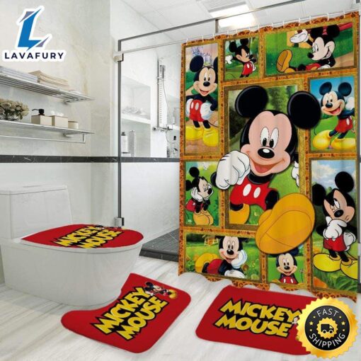 Mickey Mouse Posing Scenes Bathroom Shower Curtain Set