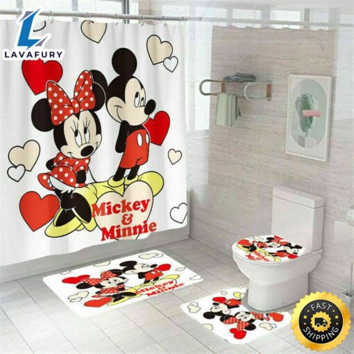 Mickey Mouse Shower Curtain Set Waterproof Bath Toilet Cover Rug