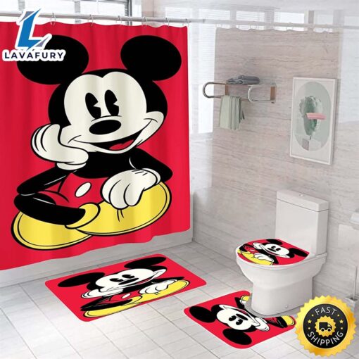 Mickey Mouse Sitting In Red Background Bathroom Accessory Set