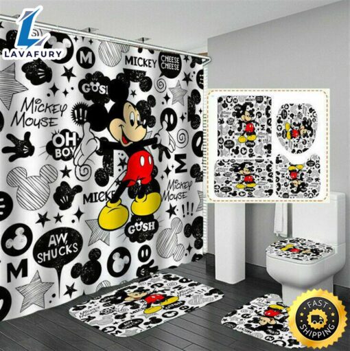 Mickey Shower Curtain Set Waterproof Bath Toilet Cover Rug