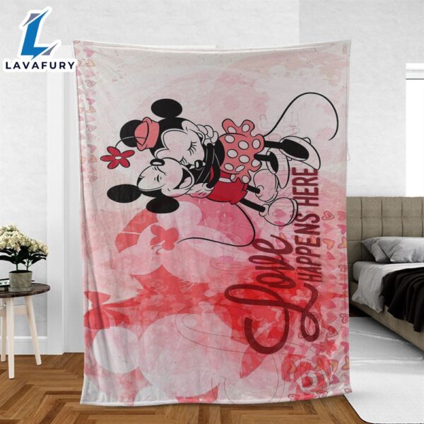 Mickey and Minnie Disney Fan Gift, Valentine’s Day Gift, Love Happens Here Comfy Sofa Throw Blanket Gift