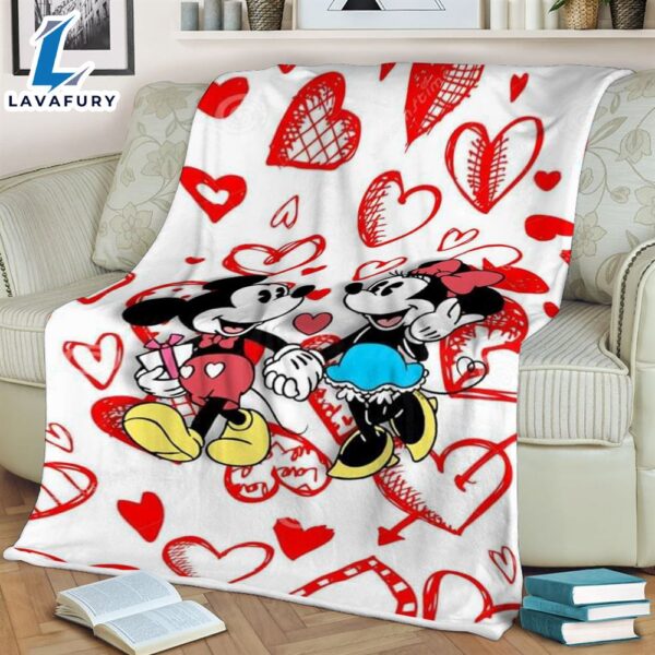 Mickey and Minnie Love Fan Gift, Happy Valentine’s Day Gift, Minnie and Mickey with Heart Comfy Sofa Throw Blanket Gift