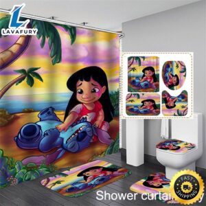 Movie Lilo & Stitch Waterproof Shower Curtain Bathroom Mat Rug Toilet Cover Mat