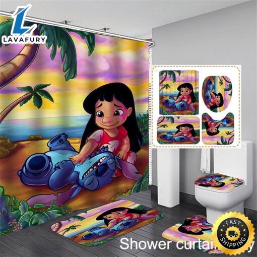 Movie Lilo & Stitch Waterproof Shower Curtain Bathroom Mat Rug Toilet Cover Mat