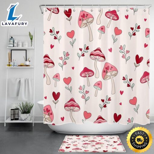 Mushroom Love Valentines Day Shower Curtains Romantic Gift Valentine Decoration Bathroom Decor