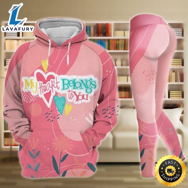 My Heart Belongs To You Valentine Pink Blue Floral Couple Legging Hoodie , Valentine Legging Hoodie