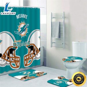 NFL 3d Miami Dolphins Bathroom Set Shower Curtain Non-Slip Rug Toilet Lid Cover Mat 4pc