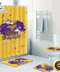 NFL 3d Minnesota Vikings Bath Rugs Set 4pcs Shower Curtain Non-Slip Toilet Lid Cover