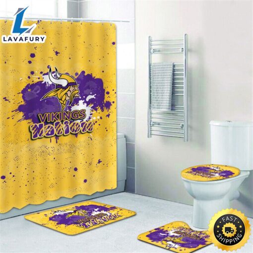 NFL 3d Minnesota Vikings Bath Rugs Set 4pcs Shower Curtain Non-Slip Toilet Lid Cover