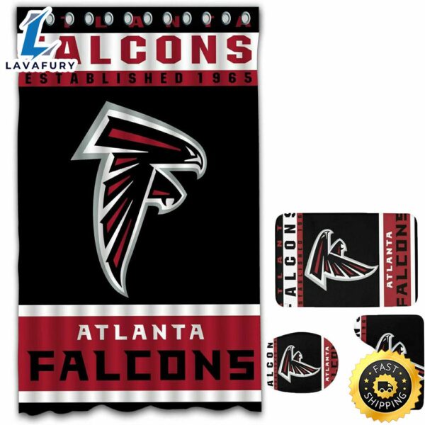 NFL Atlanta Falcons 4pcs Bathroom Rugs Set Bath Shower Curtain Toilet Lid Cover Mats Set