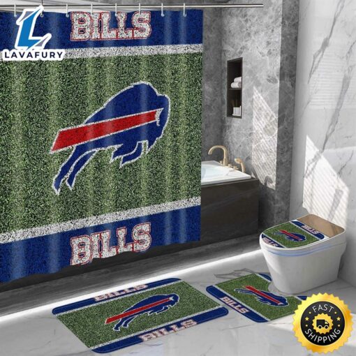 NFL Buffalo Bills 4pc Bathroom Set Shower Curtain Non-Slip Rugs Toilet Lid Cover Mat