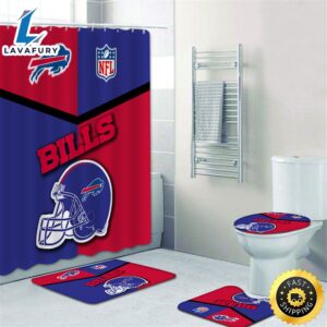 NFL Buffalo Bills Shower Curtain Non-Slip Bath Mat Toilet Lid Cover Rug Bathroom Set