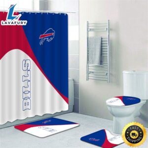 NFL Buffalo Bills Shower Curtain Non-Slip Bath Mat Toilet Lid Cover Rug Bathroom Set 3d