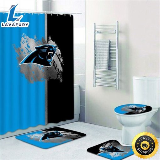 NFL Carolina Panthers 4pcs Bathroom Rugs Set Shower Curtain Toilet Lid Cover Decor