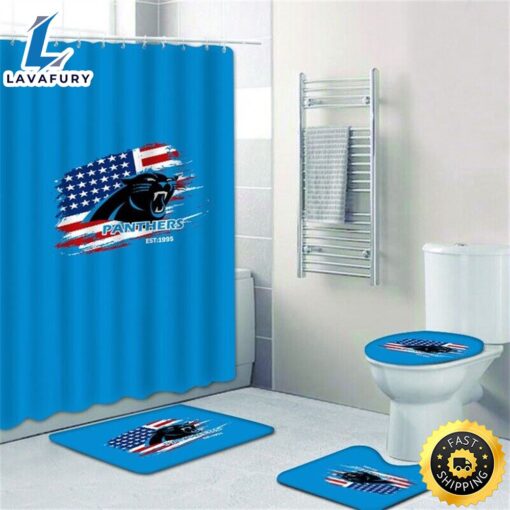 NFL Carolina Panthers 4pcs Bathroom Rugs Set Shower Curtain Toilet Lid Cover Decors