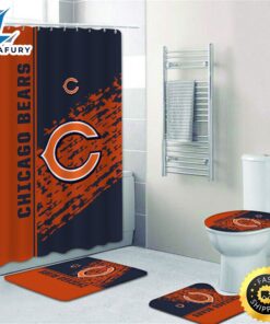 NFL Chicago Bears 4pcs Bathroom Set Shower Curtain Non-Slip Rug Toilet Lid Cover Mat