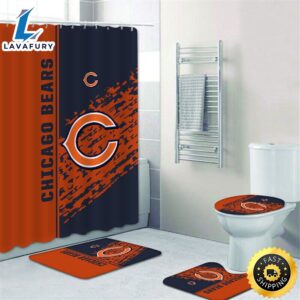 NFL Chicago Bears 4pcs Bathroom Set Shower Curtain Non-Slip Rug Toilet Lid Cover Mat
