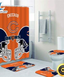 NFL Chicago Bears 4pcs Bathroom Set Shower Curtain Non-Slip Rug Toilet Lid Cover Mat 3d