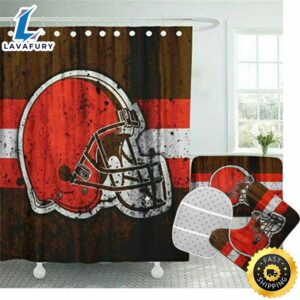 NFL Cleveland Browns Shower Curtains Set 4pcs Non-Slip Bath Mat Toilet Lid Cover