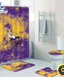 NFL Color Minnesota Vikings Bath Rugs Set 4pcs Shower Curtain Non-Slip Toilet Lid Cover