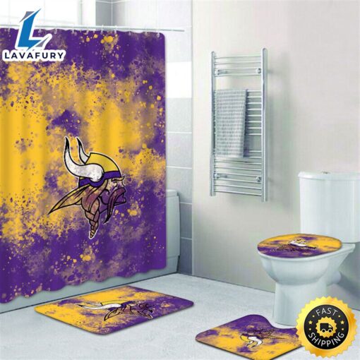 NFL Color Minnesota Vikings Bath Rugs Set 4pcs Shower Curtain Non-Slip Toilet Lid Cover