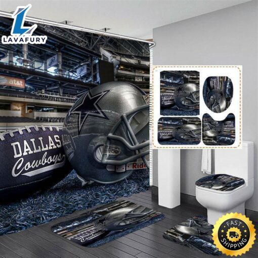 NFL Dallas Cowboys 4pcs Bathroom Rugs Set Bath Shower Curtains Toilet Lid Covers Mat 3d