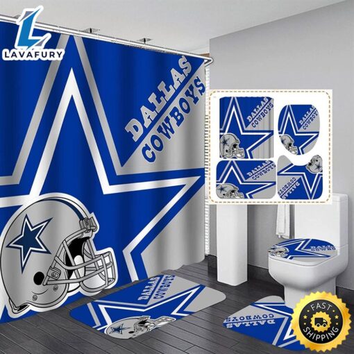 NFL Dallas Cowboys 4pcs Bathroom Rugs Set Shower Curtain Toilet Lid Covers Mat Gifts