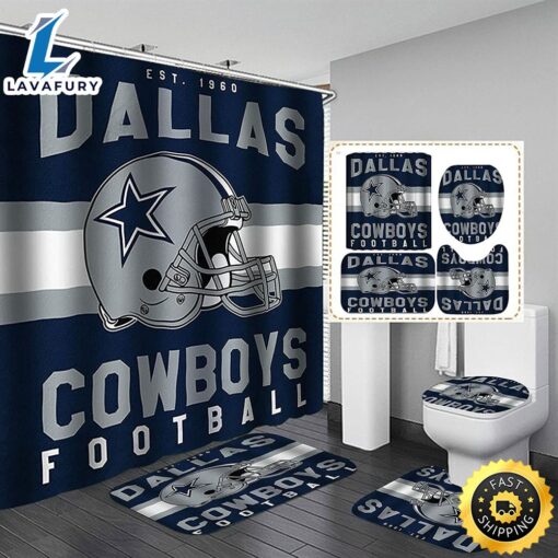 NFL Dallas Cowboys 4pcs Bathroom Rugs Shower Curtain Bath Mat Toilet Lid Cover