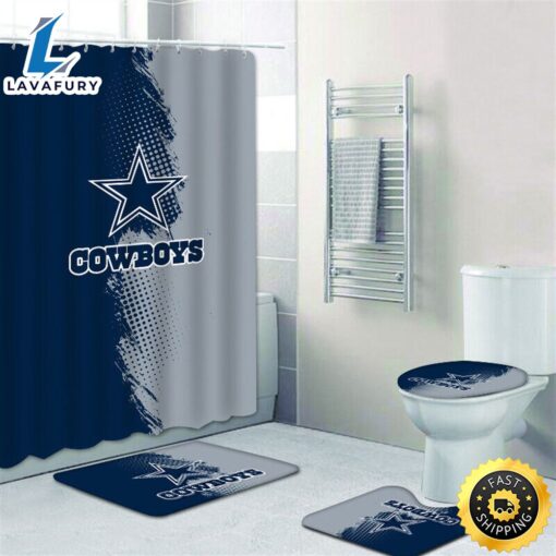 NFL Dallas Cowboys 4pcs Shower Curtain Set Bath Mat U Shape Rug Toilet Lid Cover