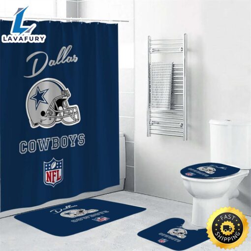 NFL Dallas Cowboys Bathroom Set Shower Curtains Non-Slip Rugs Toilet Lid Cover Mats