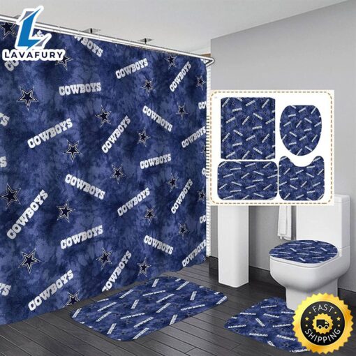 NFL Dallas Cowboys Bathroom Set Shower Curtains Non-Slip Rugs Toilet Lid Cover Mats Logo