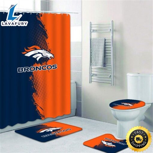 NFL Denver Broncos 4 Pieces Bathroom Rugs Set Shower Curtain Toilet Lid Cover Decor 3d