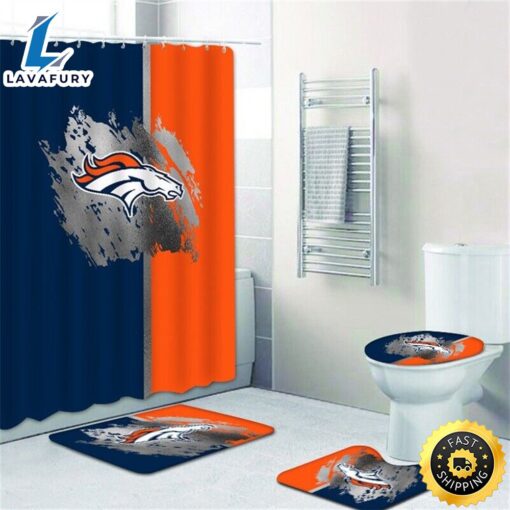 NFL Denver Broncos 4 Pieces Bathroom Rugs Set Shower Curtain Toilet Lid Cover Decor New