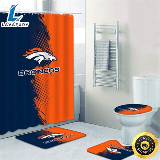 NFL Denver Broncos Bathroom 4pcs Rugs Set Bath Mat Shower Curtain Toilet Lid Cover 3d